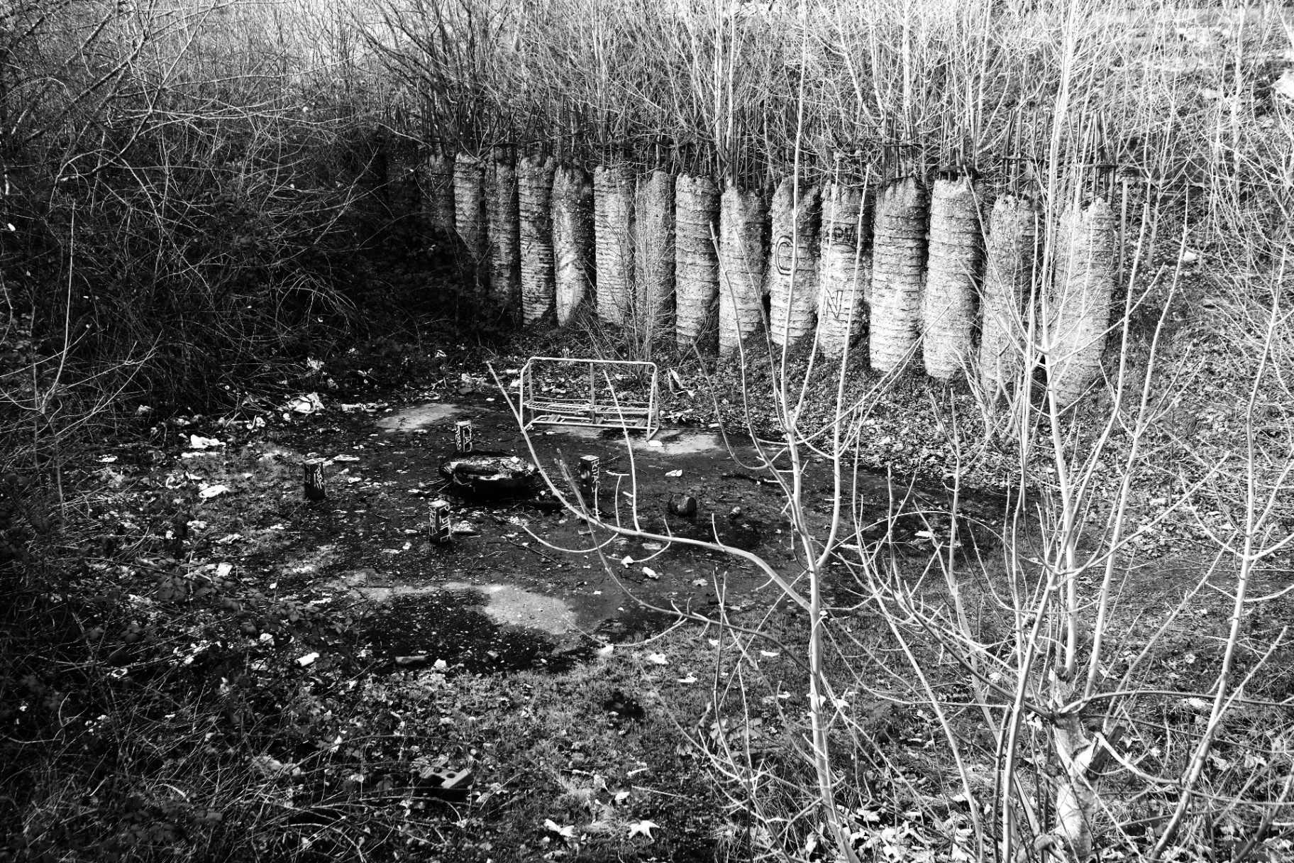 Concrete-bag revetment on the old ski slope, tagged with graffiti, half-swallowed by scrub and bare winter trees.