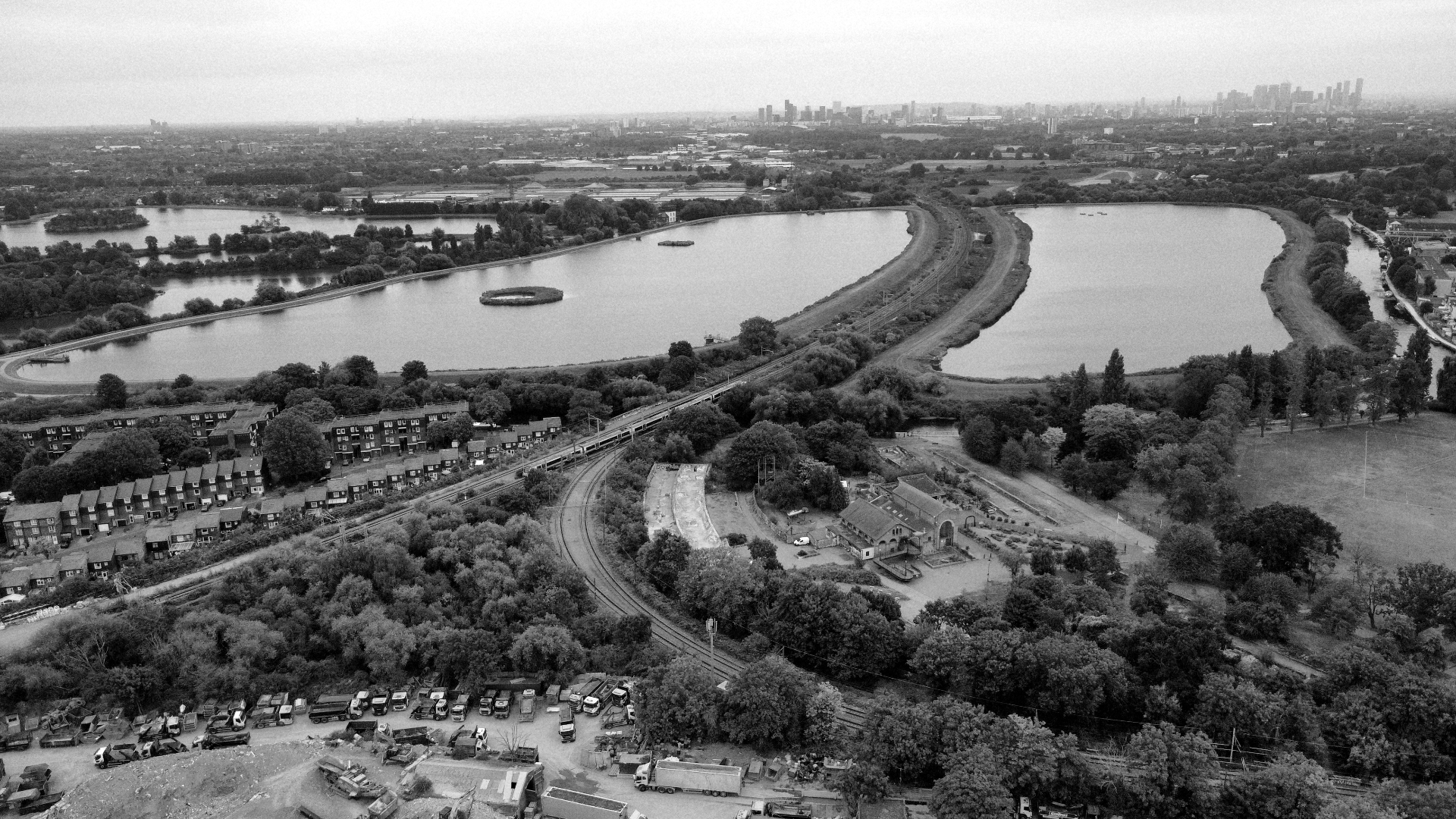 Aerial view of Markfield Park, Tottenham Marshes and the London skyline.